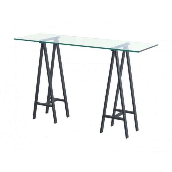 Clear glass console on trestle legs - Glass Tables Online