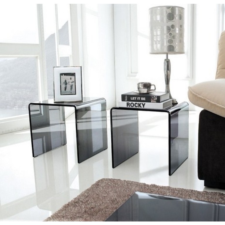 Pair Of Smoked Glass Side Tables Modern Stylish Retro And Contemporary Glass Tables By Glass 8718